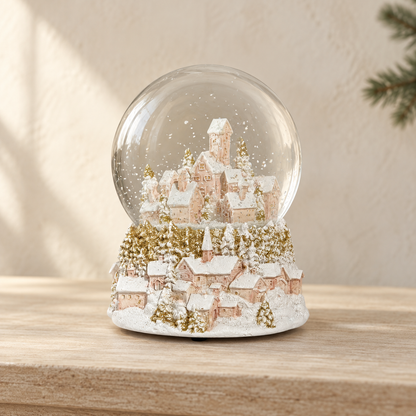 Musical Pink & Glittered Gold Townscape Snow Globe – 14cm