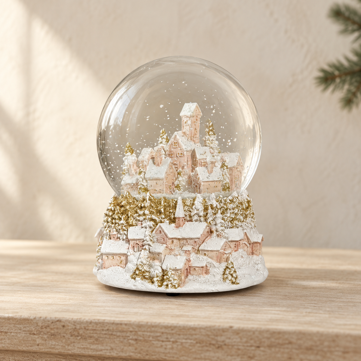 Musical Pink & Glittered Gold Townscape Snow Globe – 14cm