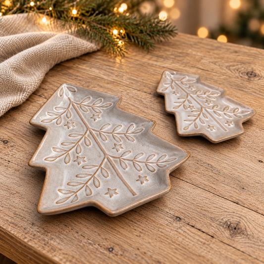 Beige ceramic Christmas tree dish with foliage and star details