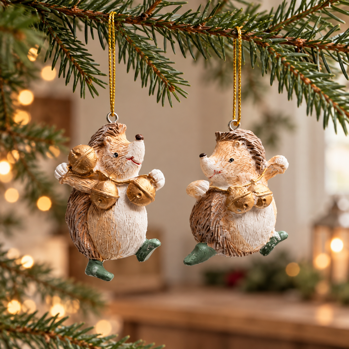 Mini resin hedgehog Christmas bauble with gold bell details