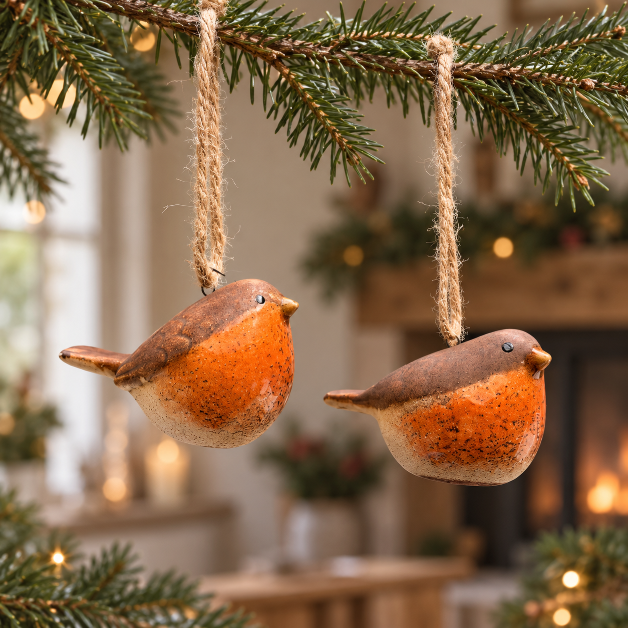 Mini ceramic robin Christmas bauble with a glazed orange breast