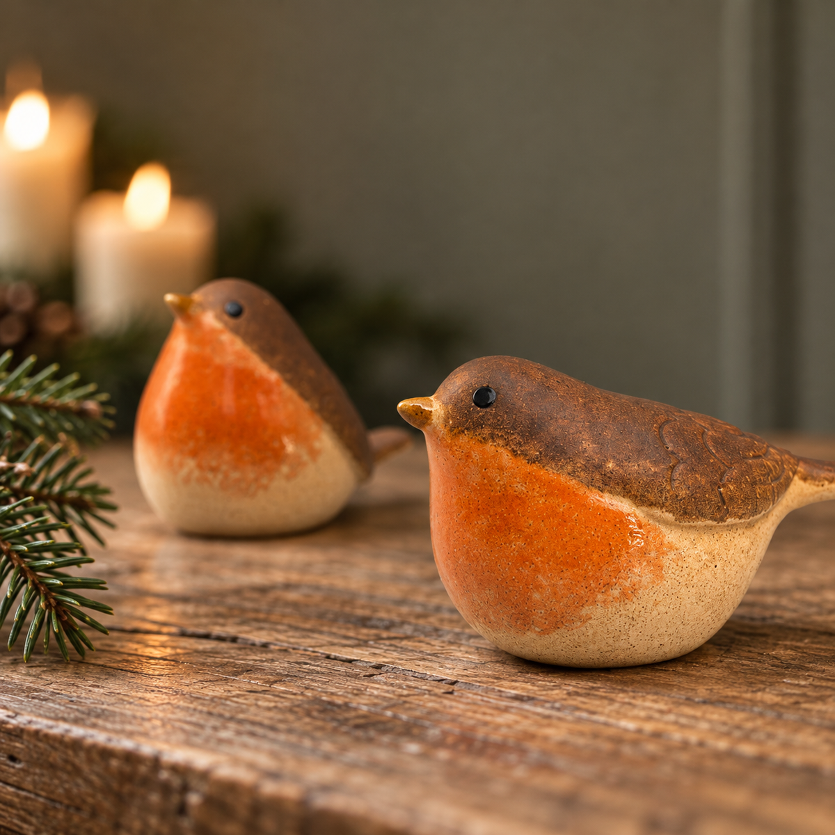 Ceramic robin ornament with a glazed orange breast