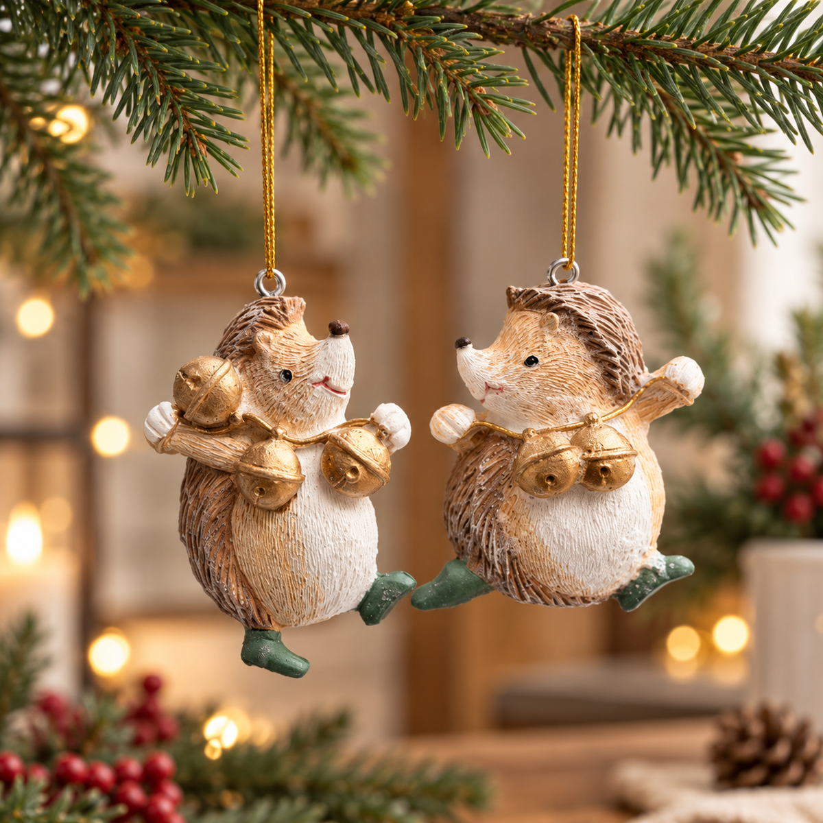 Mini resin hedgehog Christmas bauble with gold bell details