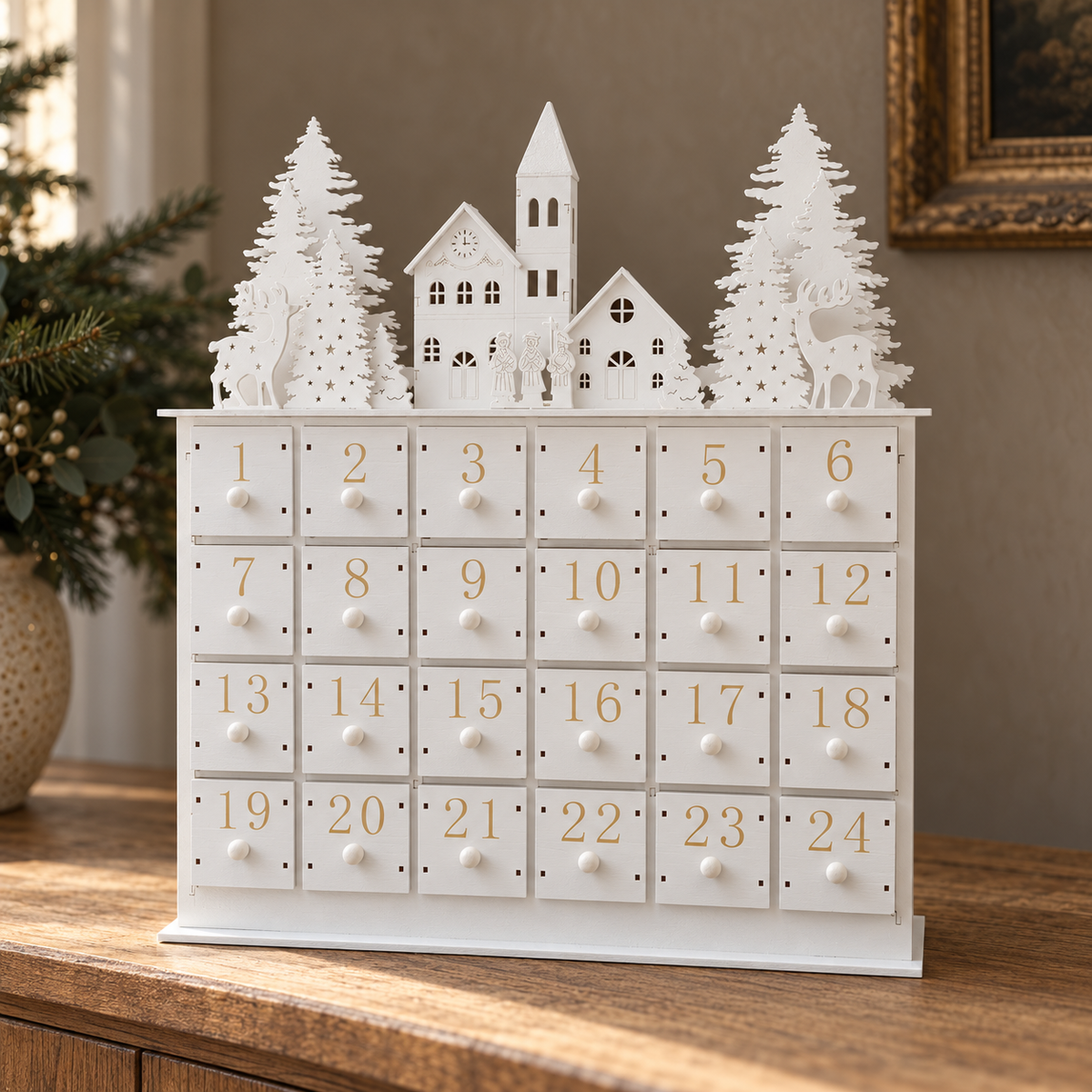 White Wooden Light-Up Advent Calendar – 35cm