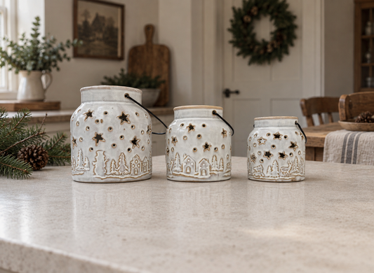 White Ceramic Winter Forest Star Lantern in Various Sizes