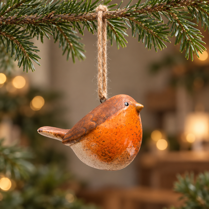 Mini ceramic robin Christmas bauble with a glazed orange breast