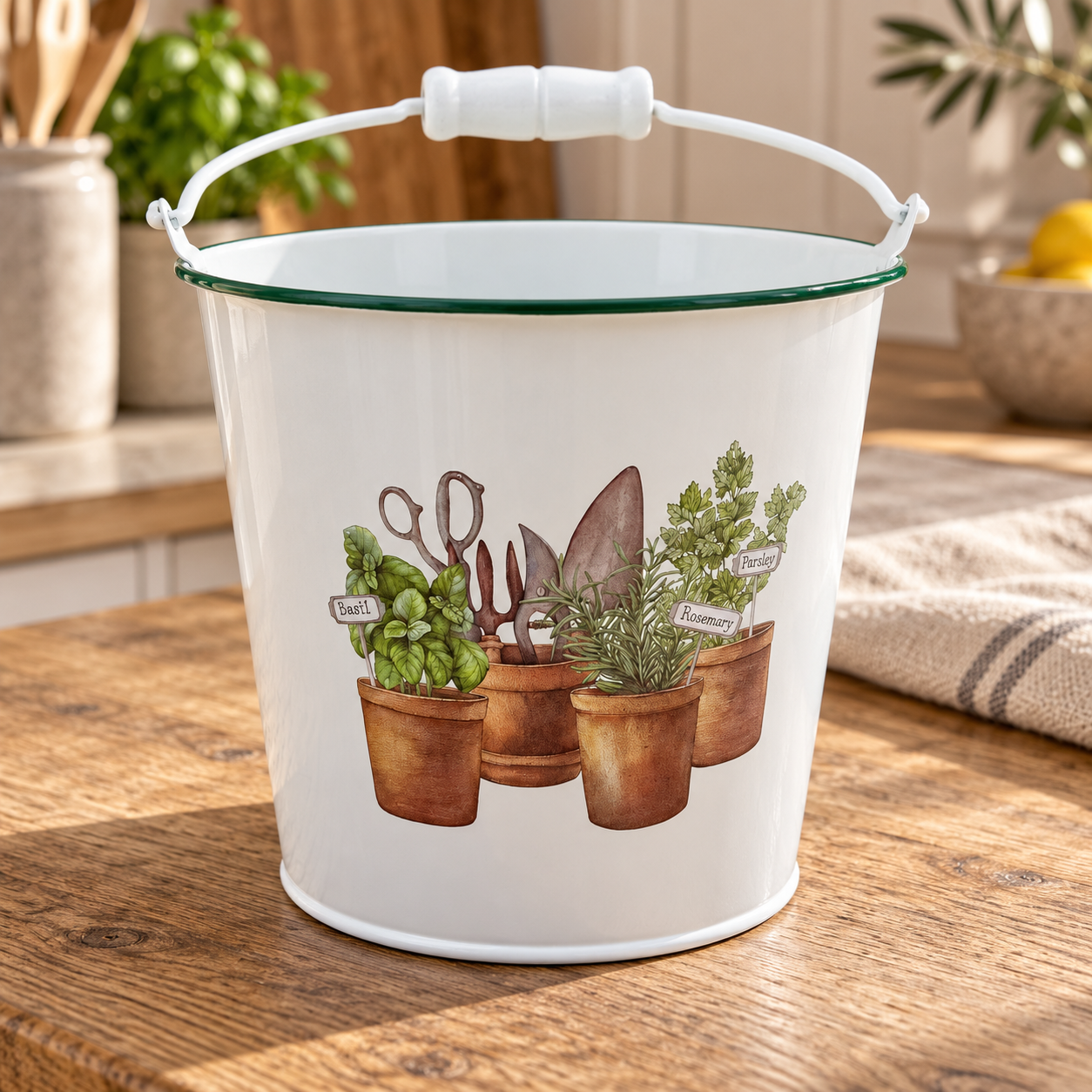 White Metal Herb Planter with Garden Tools Design 13.5cm
