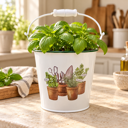 White Metal Herb Planter with Garden Tools Design 13.5cm