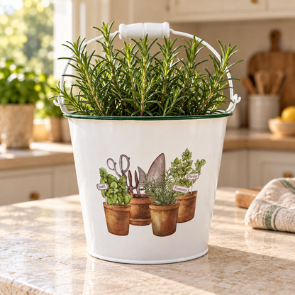 White Metal Herb Planter with Garden Tools Design 13.5cm