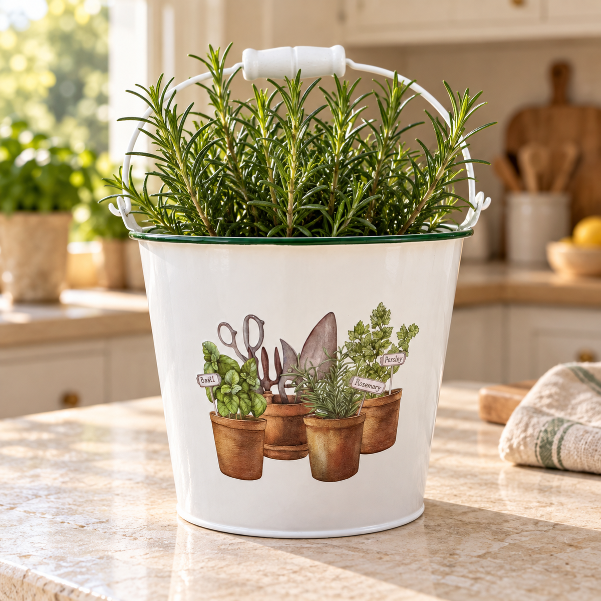 White Metal Herb Planter with Garden Tools Design 13.5cm