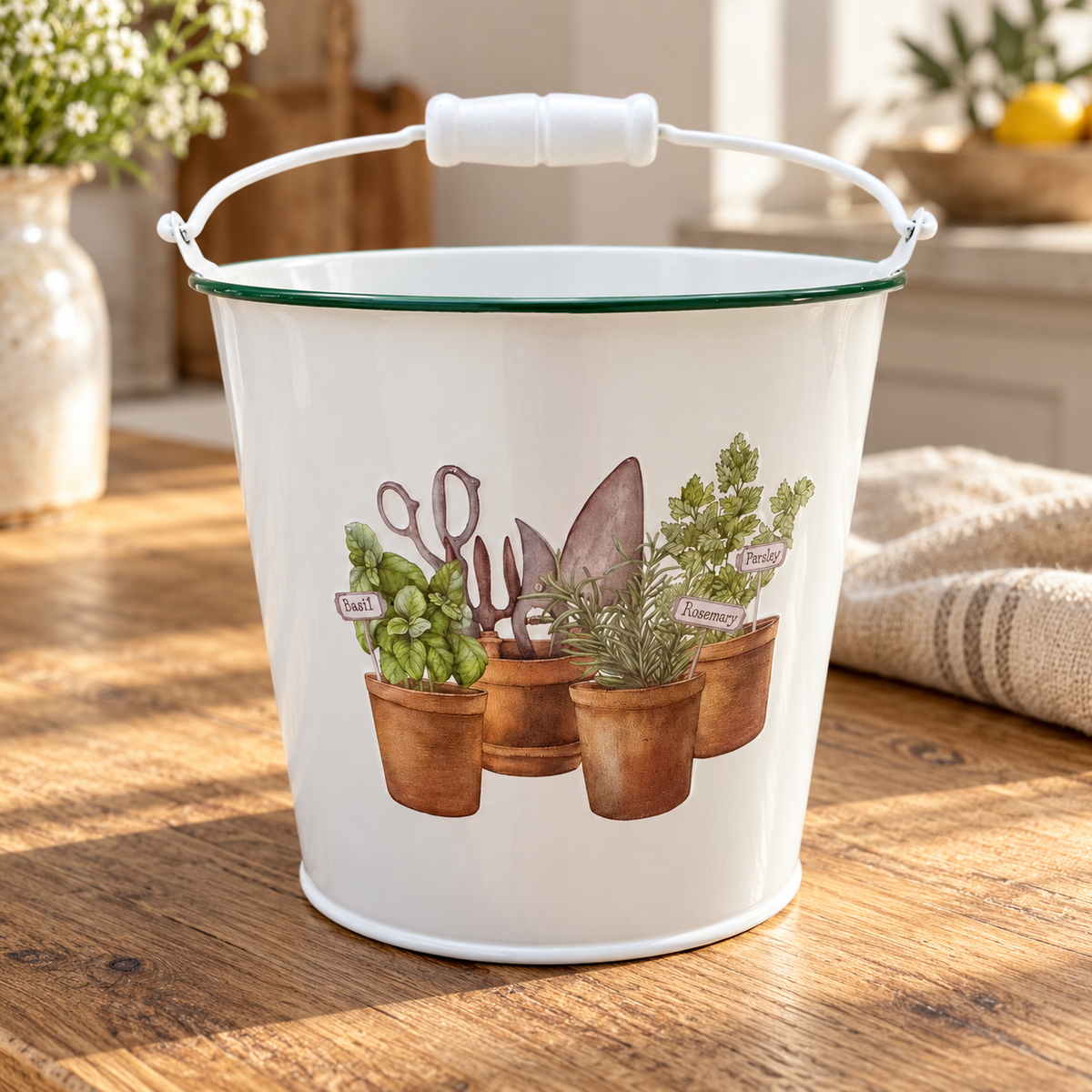 White Metal Herb Planter with Garden Tools Design 13.5cm
