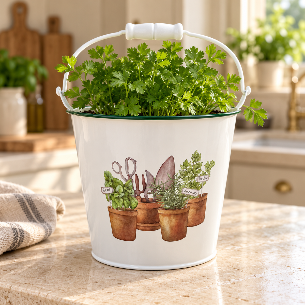 White Metal Herb Planter with Garden Tools Design 13.5cm