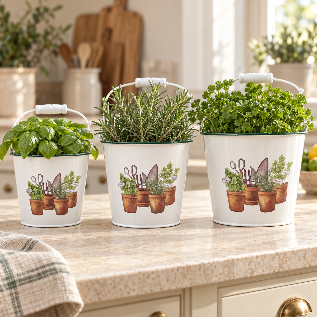 White Metal Herb Planter with Garden Tools Design 13.5cm
