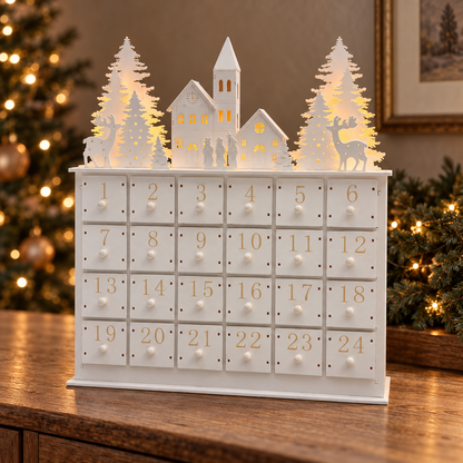 White Wooden Light-Up Advent Calendar – 35cm