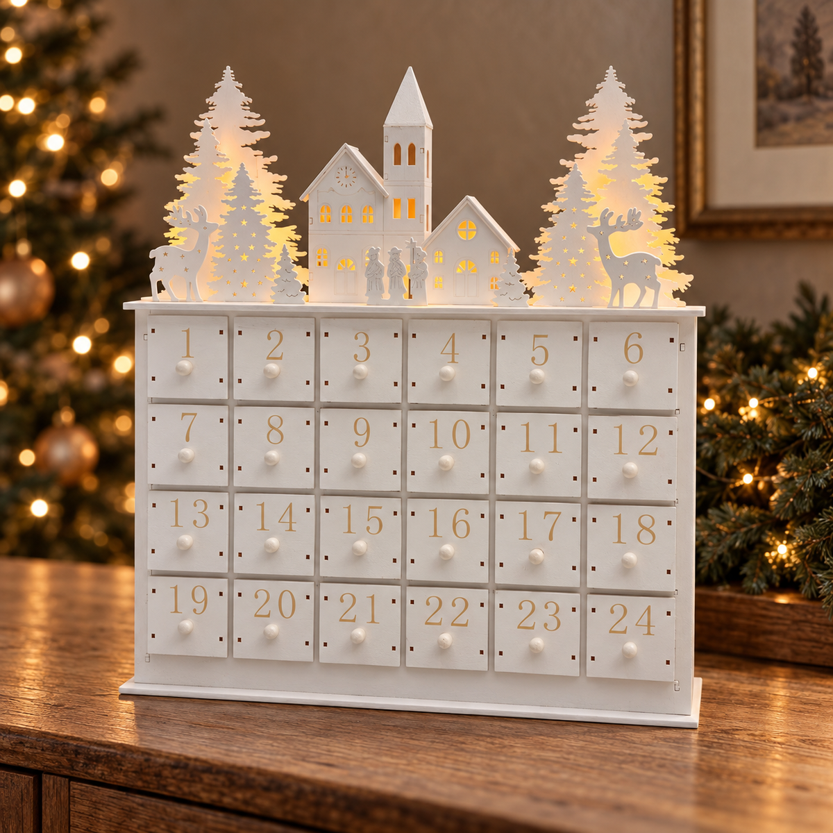 White Wooden Light-Up Advent Calendar – 35cm