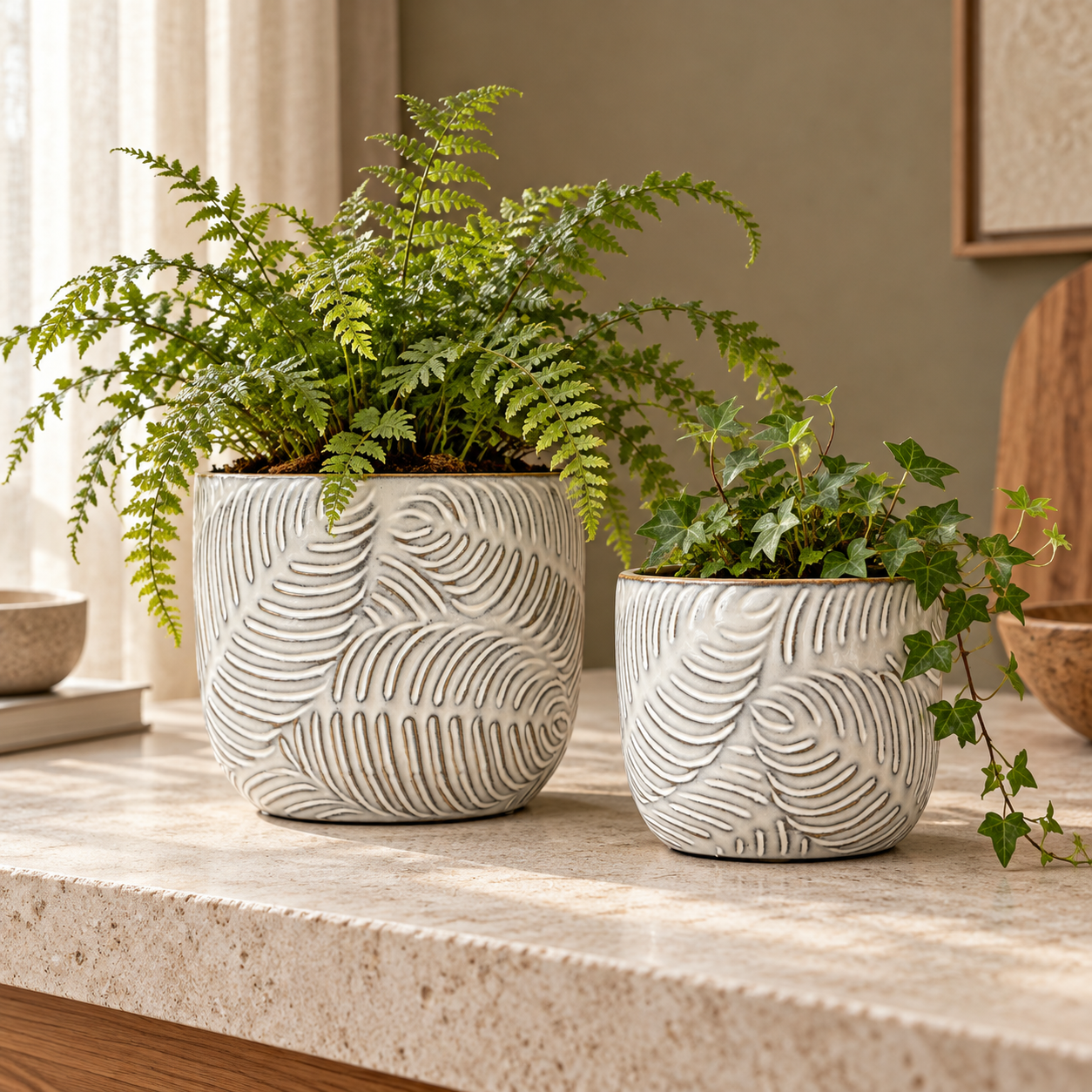 Embossed Leaf Ceramic Planter – Small or Medium