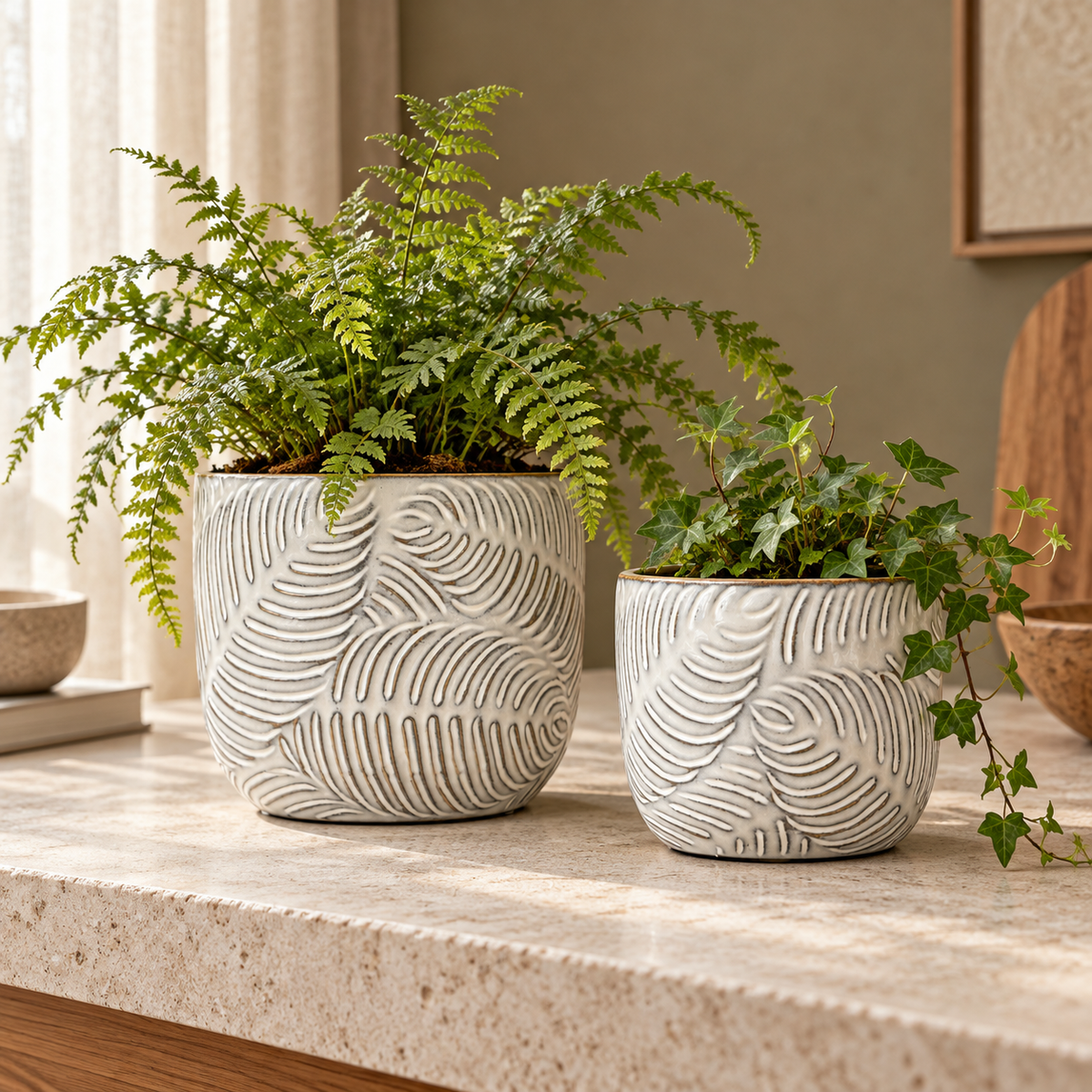 Embossed Leaf Ceramic Planter – Small or Medium
