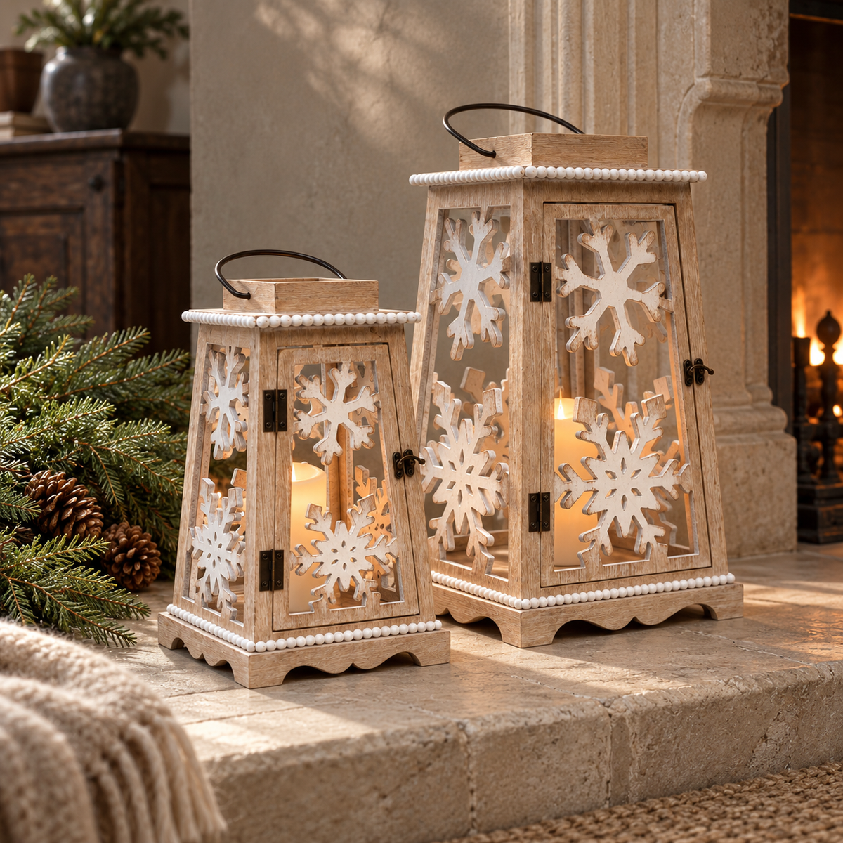 Whitewashed Wooden Snowflake Lantern