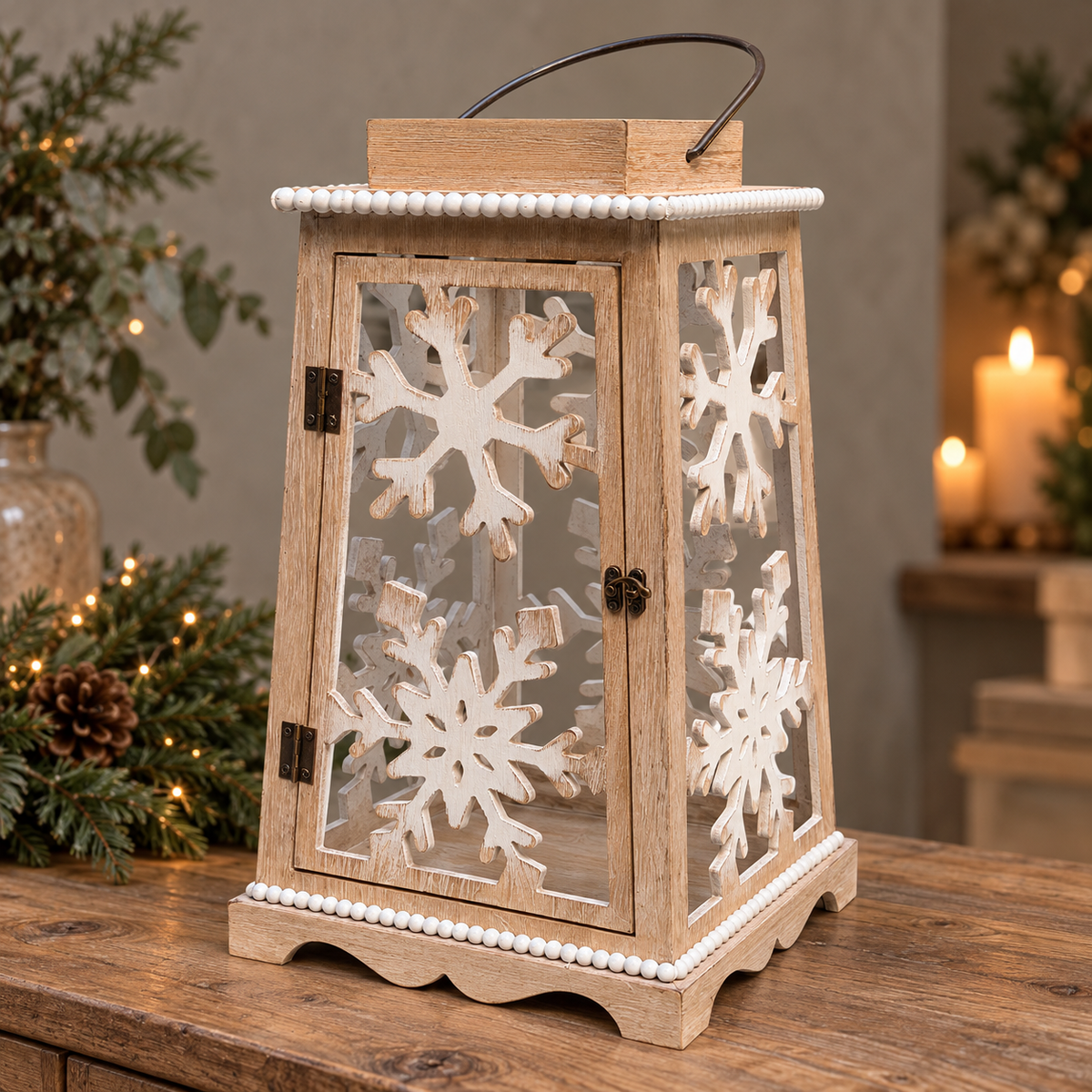 Large Whitewashed Wooden Snowflake Lantern – 58cm