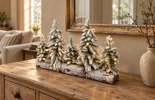 A decorative tabletop arrangement of five frosted Christmas trees on a rustic wooden console table in a warm living room setting.