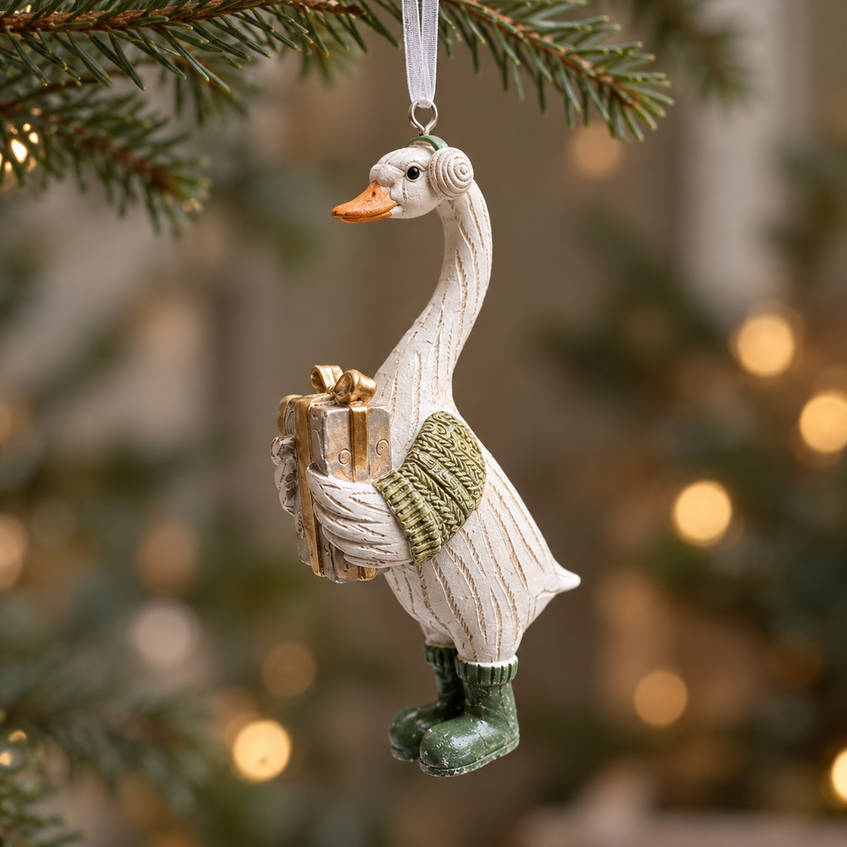 Resin duck Christmas bauble with textured feathers and winter clothing