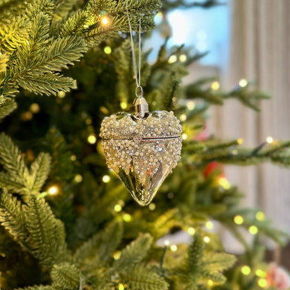 Hand-decorated heart glass bauble with pearl and crystal details