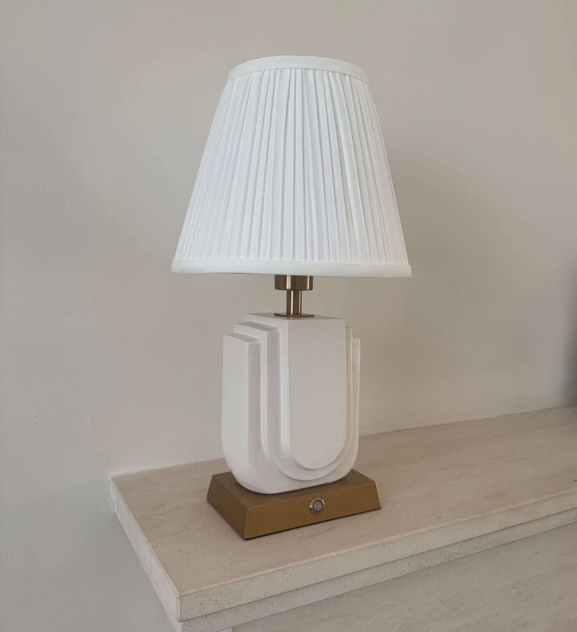 Belgravia cordless bedside table lamp in white ceramic and brushed gold for elegant ambient lighting