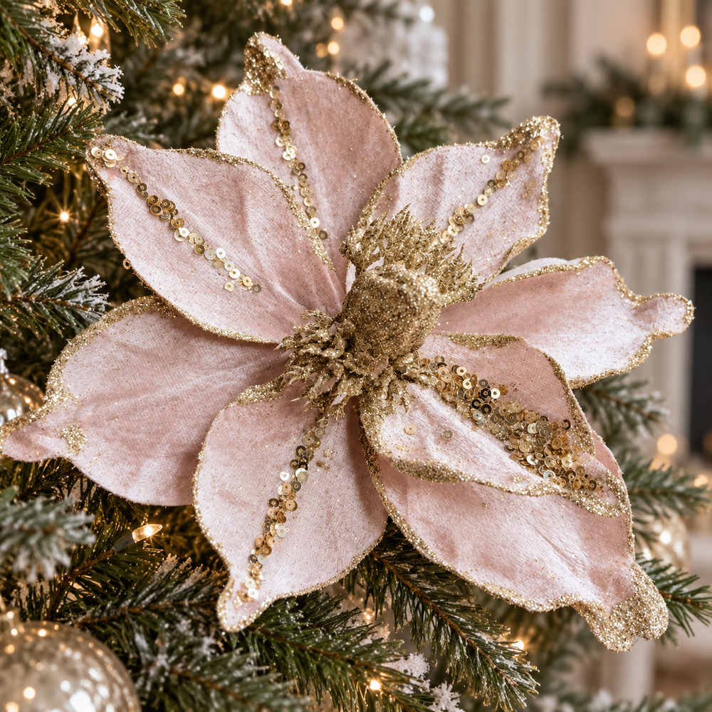 Blush Pink & Gold Velvet Poinsettia Stem – 20cm
