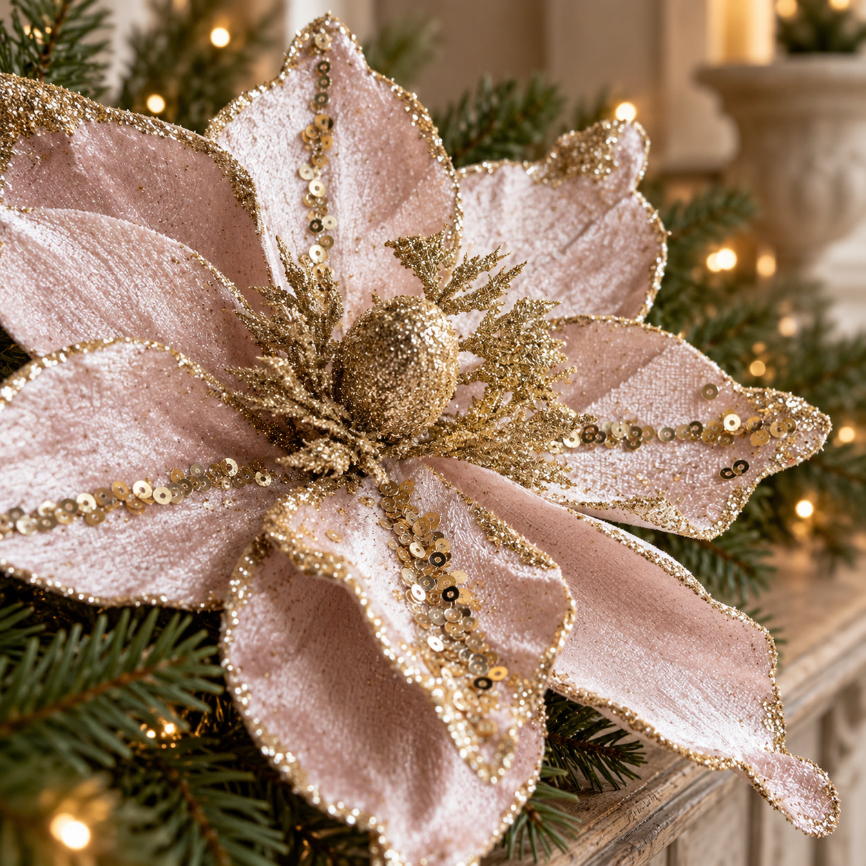 Close-up of soft baby pink poinsettia petals with gold sequins and a glittered centre in natural fir.