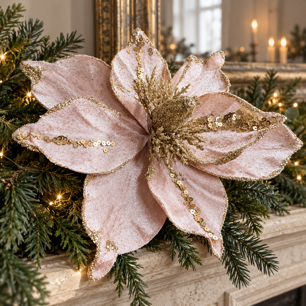 Blush pink and gold poinsettia stem styled in an evergreen Christmas mantel garland.