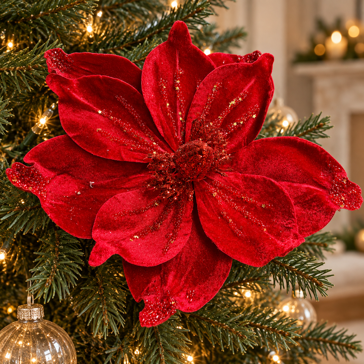 Crimson red velvet poinsettia with glitter, sequins and gold star details nestled among Christmas tree branches.