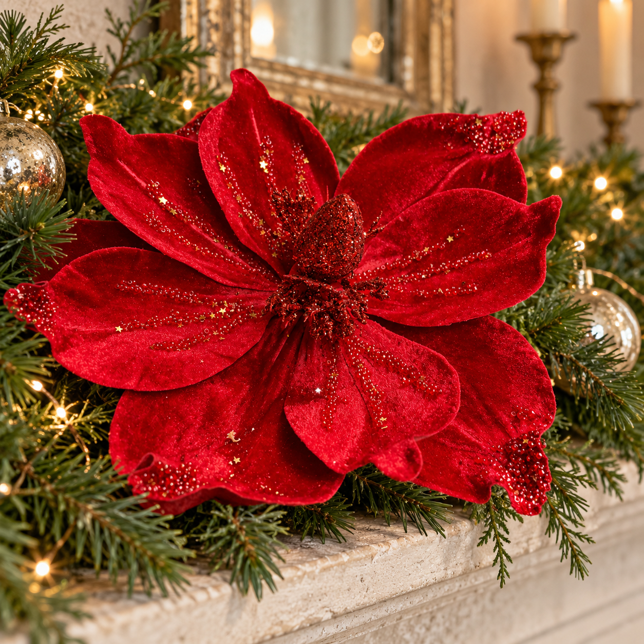 Handmade crimson red velvet poinsettia styled in a fir garland on a Christmas mantel.