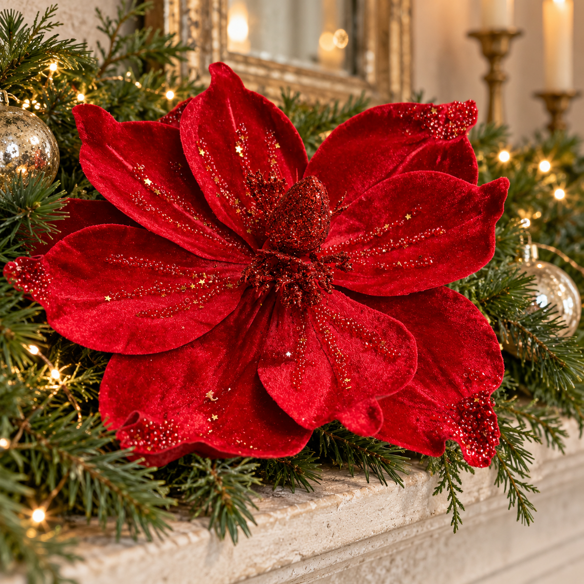 Handmade crimson red velvet poinsettia styled in a fir garland on a Christmas mantel.