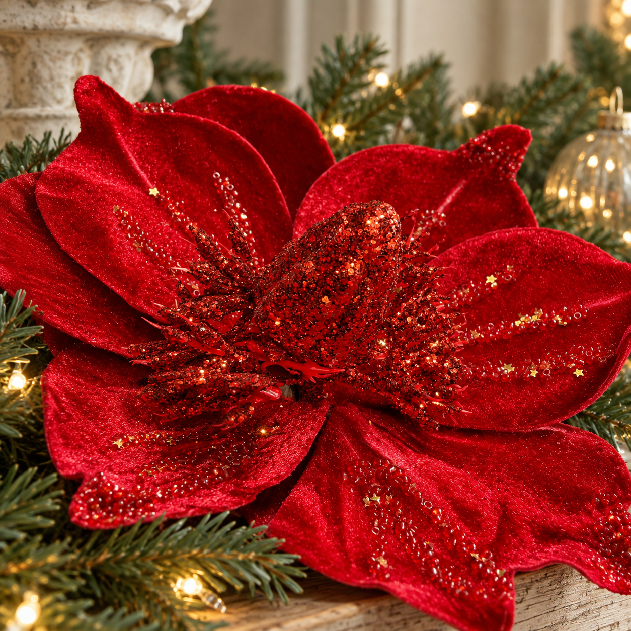 Close-up of the glittered red centre and layered velvet petals of the crimson poinsettia.