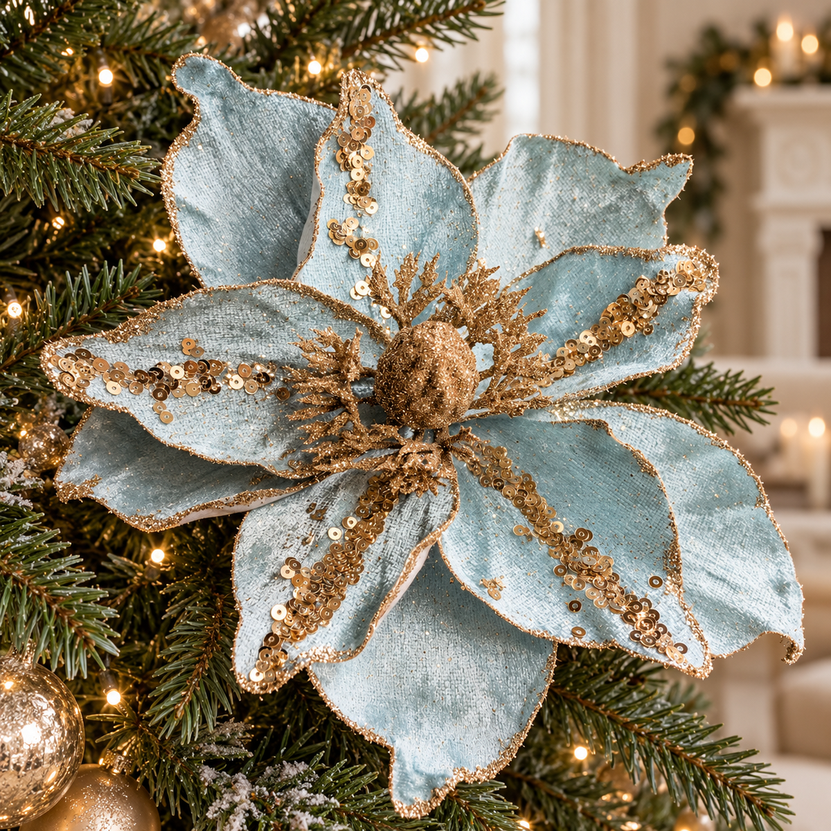 Duck egg blue velvet-finish poinsettia with gold glitter and sequins nestled among Christmas tree branches.