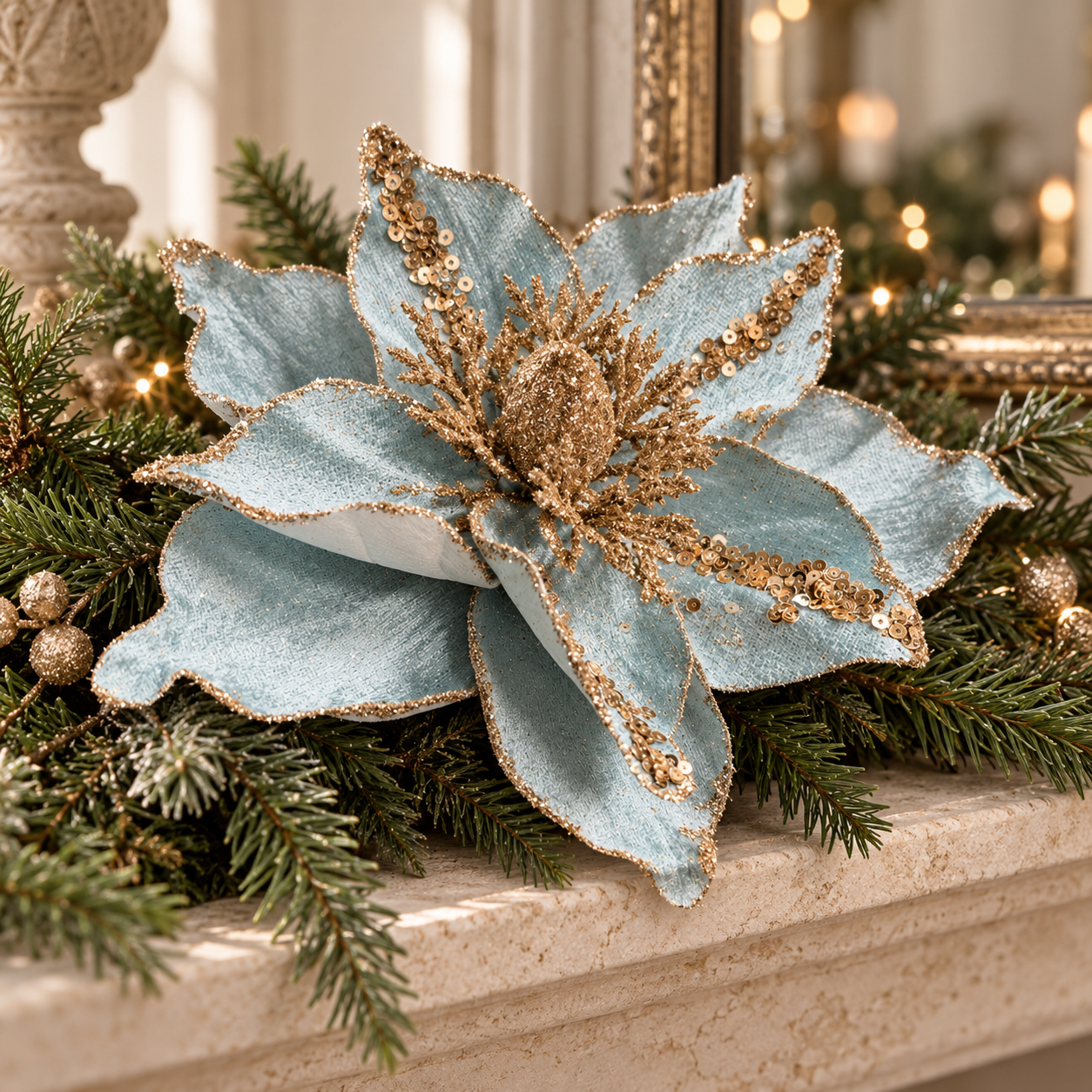 Soft blue poinsettia with gold detailing arranged in a fir garland on a mantelpiece.