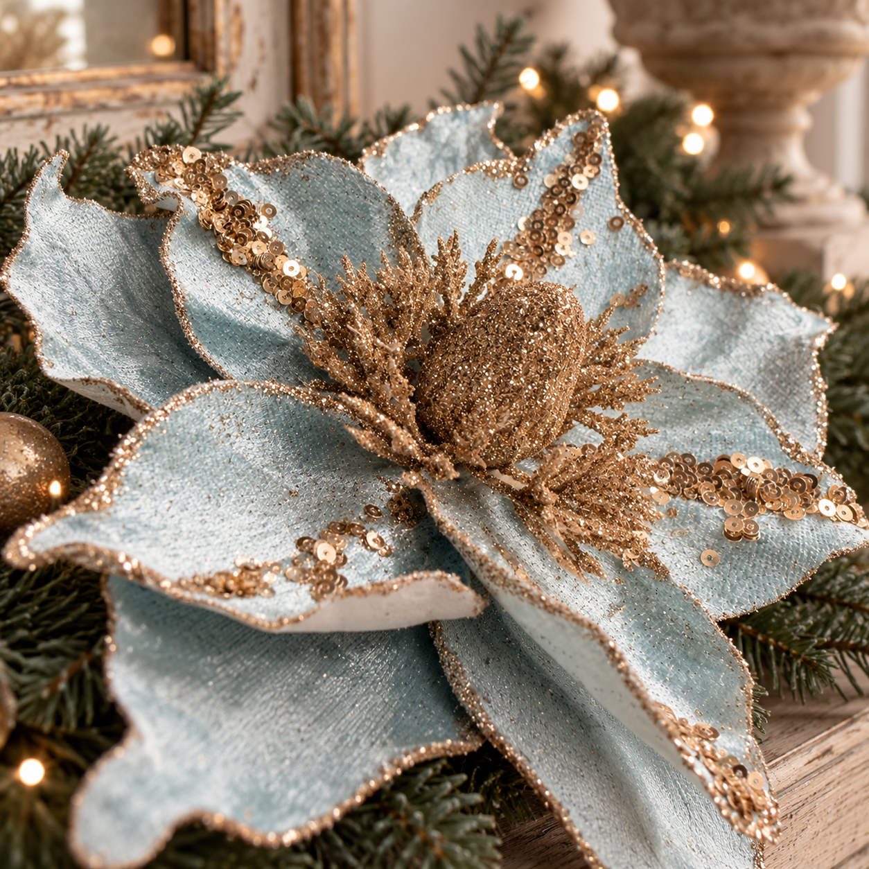 Close-up of the duck egg blue poinsettia's gold glittered centre, decorative sprays and layered petals.