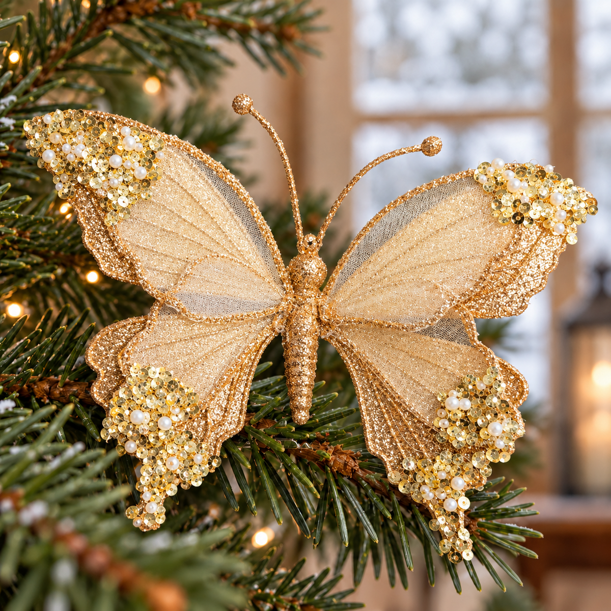 Front view of the gold butterfly clip ornament on a fir branch with warm Christmas lights