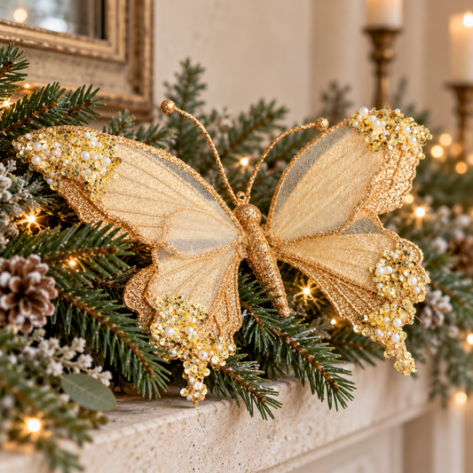 Gold butterfly clip decoration with glittered wings, gold embellishments and pearl-like beads on a Christmas mantel garland