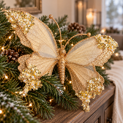 Gold butterfly decoration styled among fir branches and pine cones on a farmhouse garland
