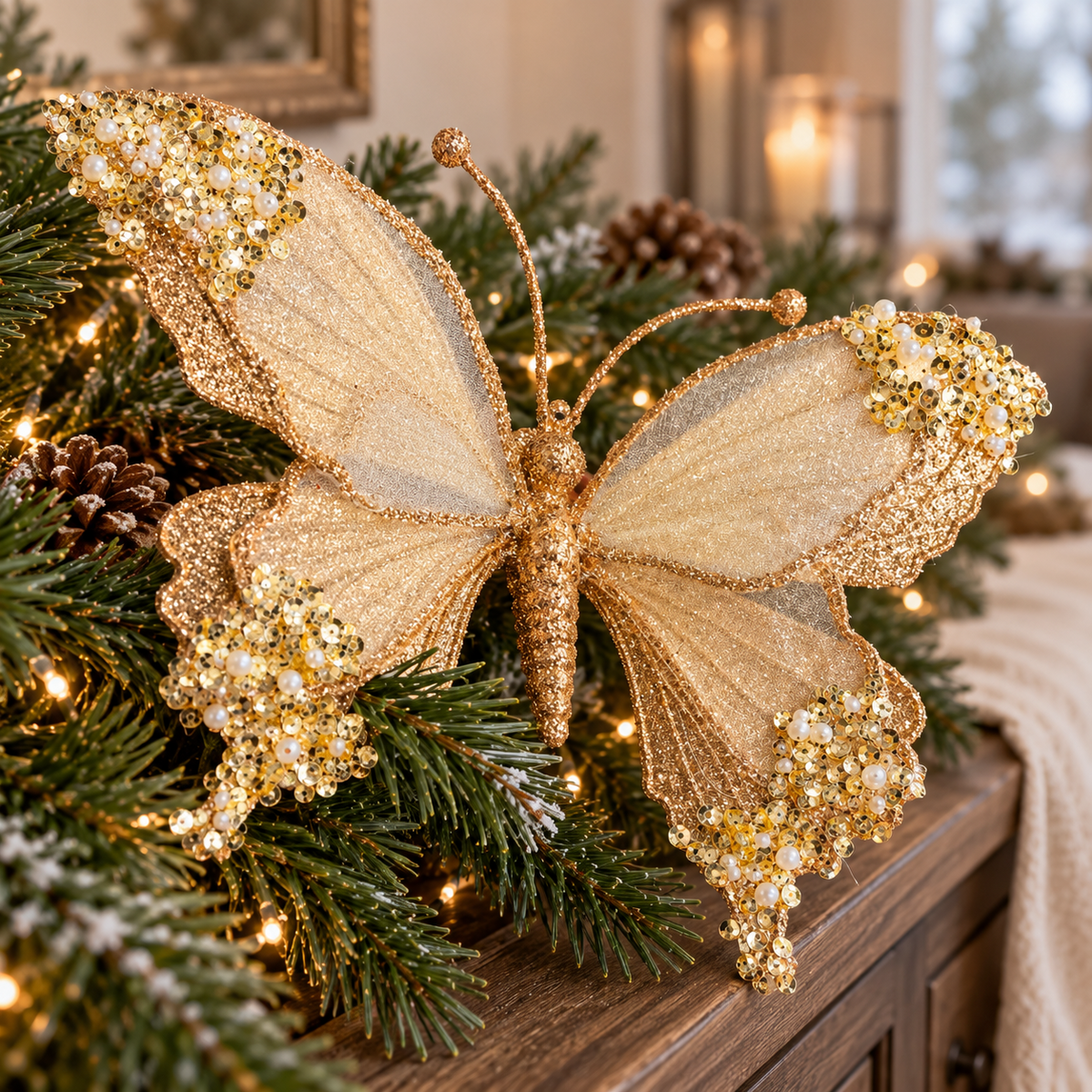 Gold butterfly decoration styled among fir branches and pine cones on a farmhouse garland