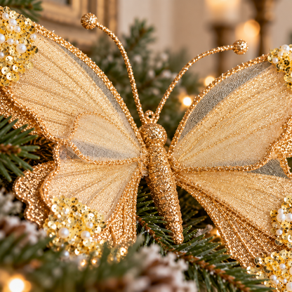 Close-up of layered gold butterfly wings and glittered antennae on a fir garland