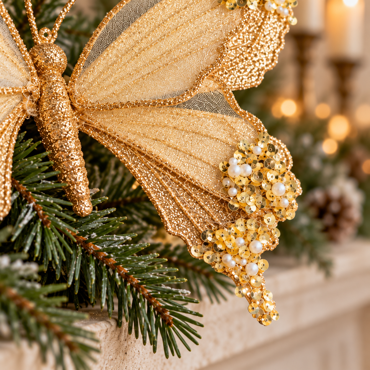 Detail of the butterfly's lower wing with gold sequins, pearl-like beads and glittered edging