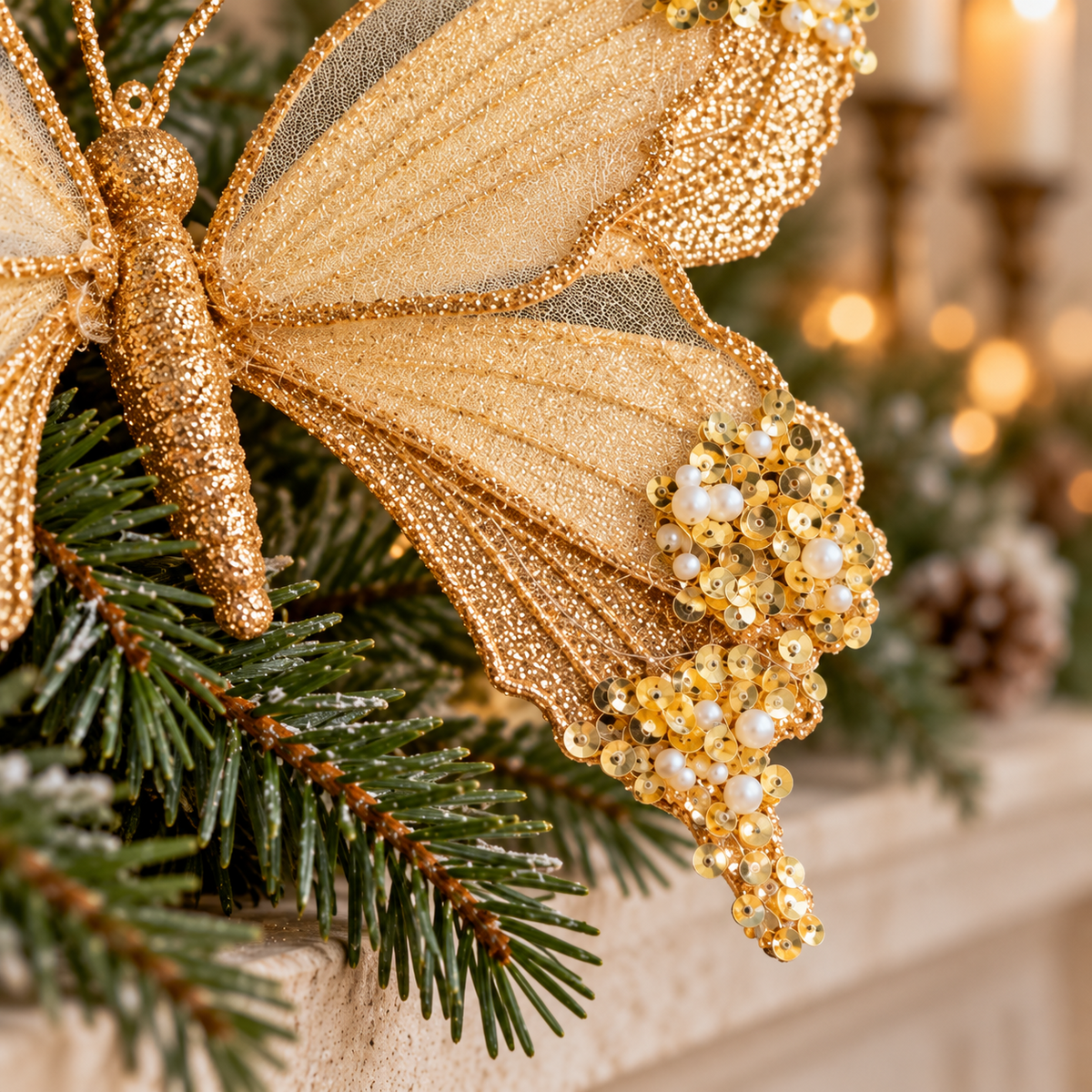 Detail of the butterfly's lower wing with gold sequins, pearl-like beads and glittered edging