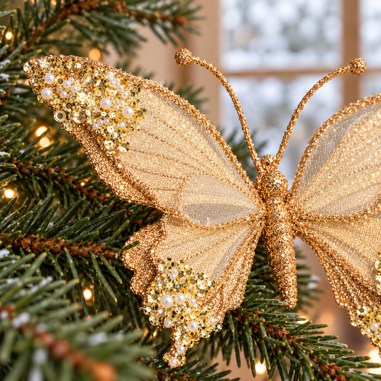 Close-up of the butterfly's glittered gold body, antennae and layered wings against Christmas greenery