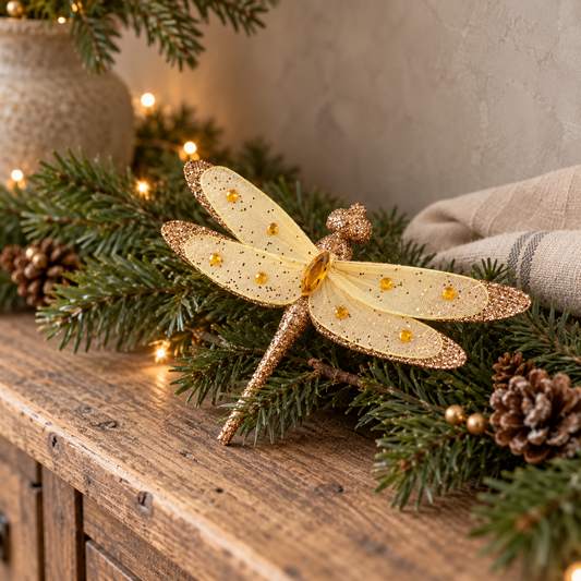 Gold dragonfly clip decoration with glittered wings and amber-coloured gems on a fir garland