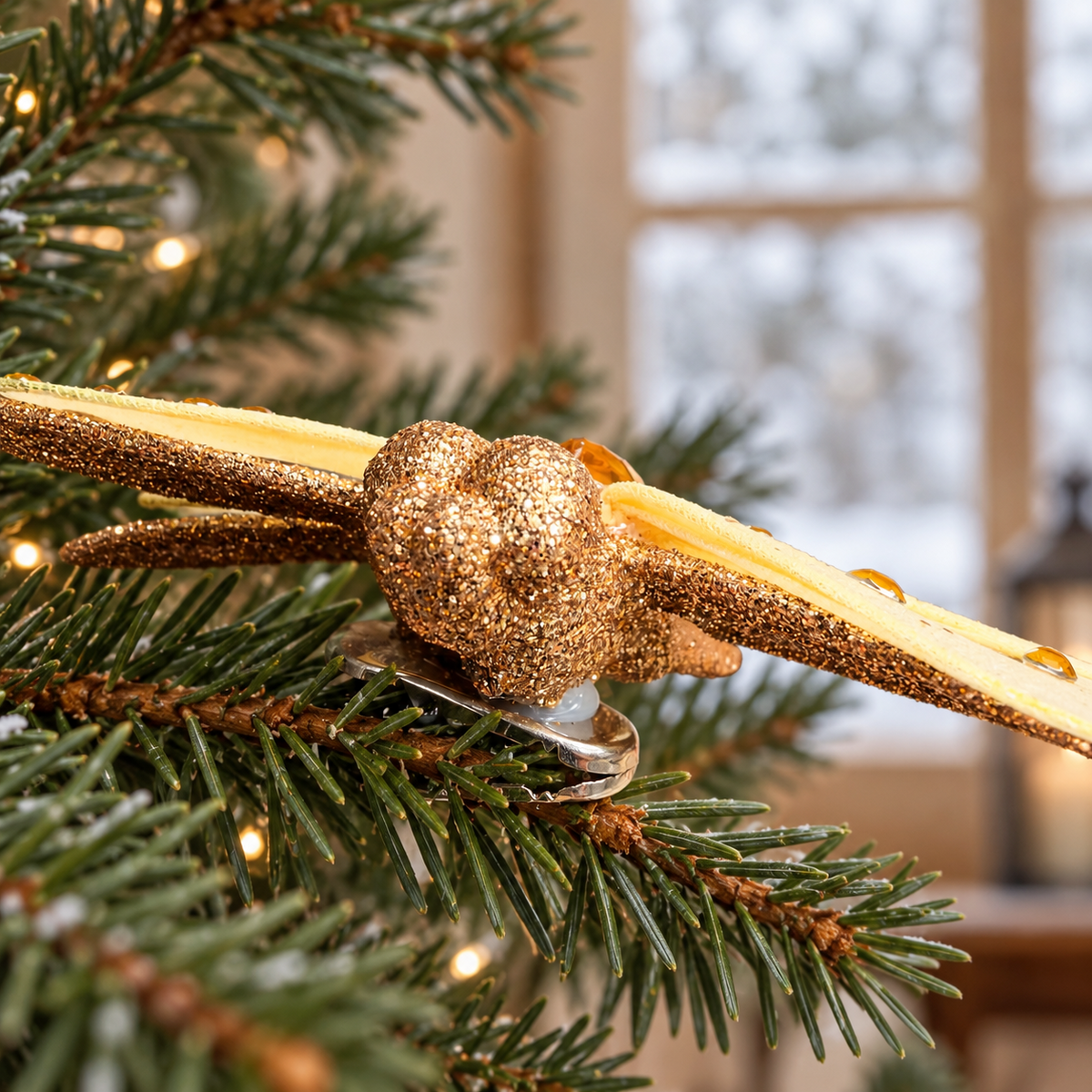 Close-up showing the clip fastening beneath the gold dragonfly attached to a fir branch