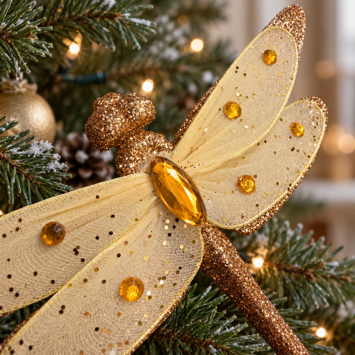 Close-up of the gold dragonfly's glittered body, layered wings and decorative amber-coloured gems