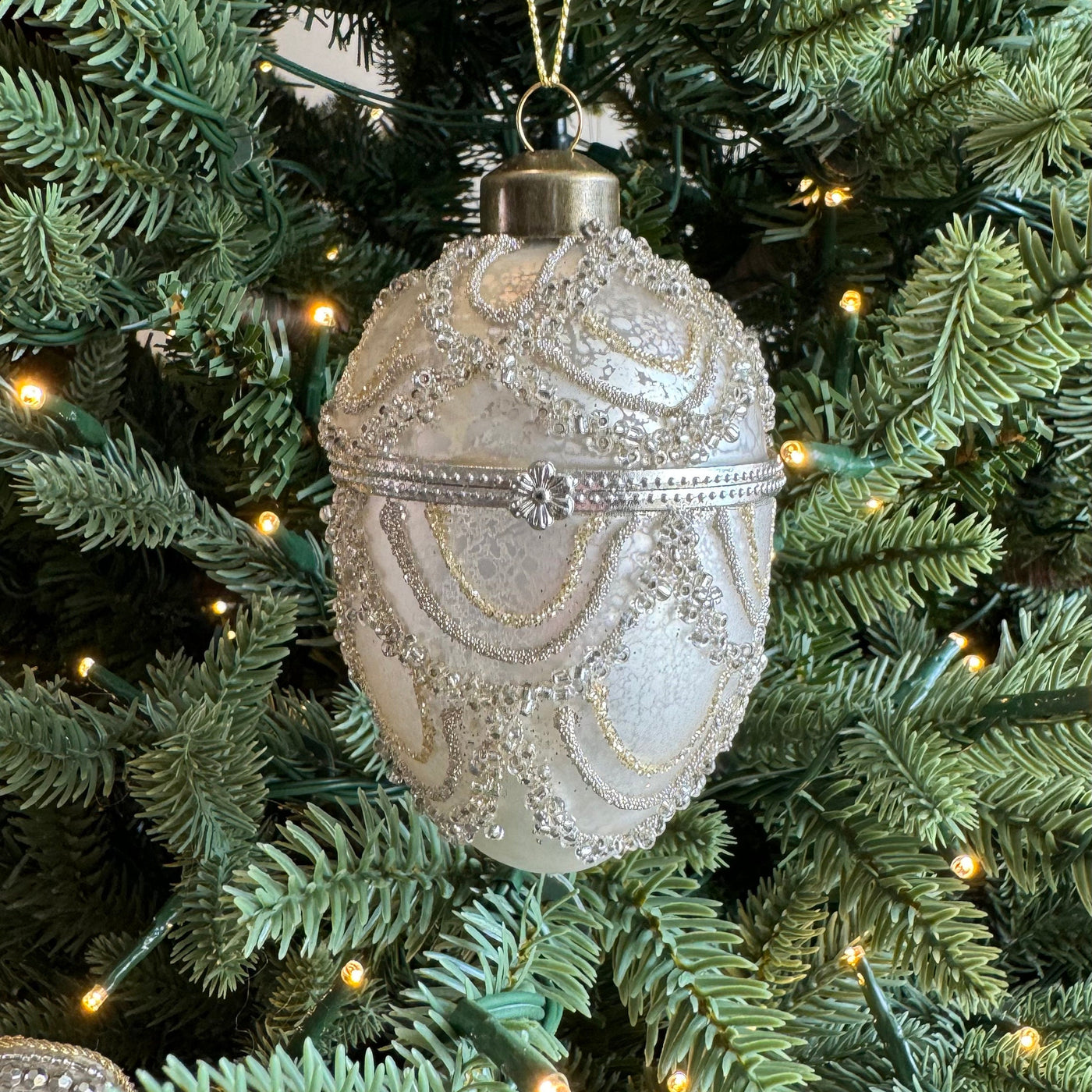 Hand Decorated Glass Egg Bauble in Champagne – Single