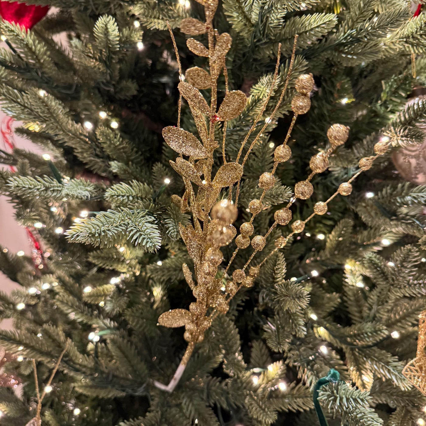 Glittered Gold Eucalyptus Beaded Sprig – Foliage Decor for Trees and Garlands